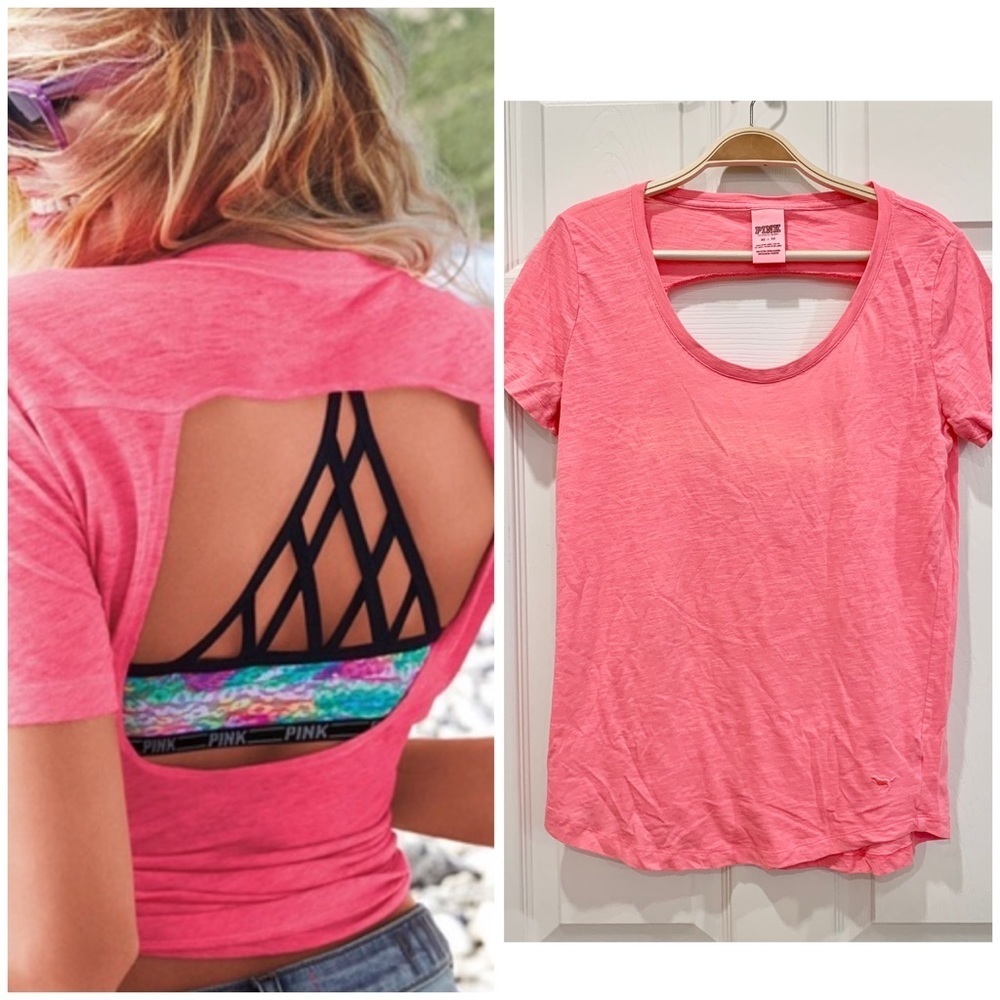 💗 VS PINK Coral Neon Pink Open-Back Short-Sleeve Tee Top
